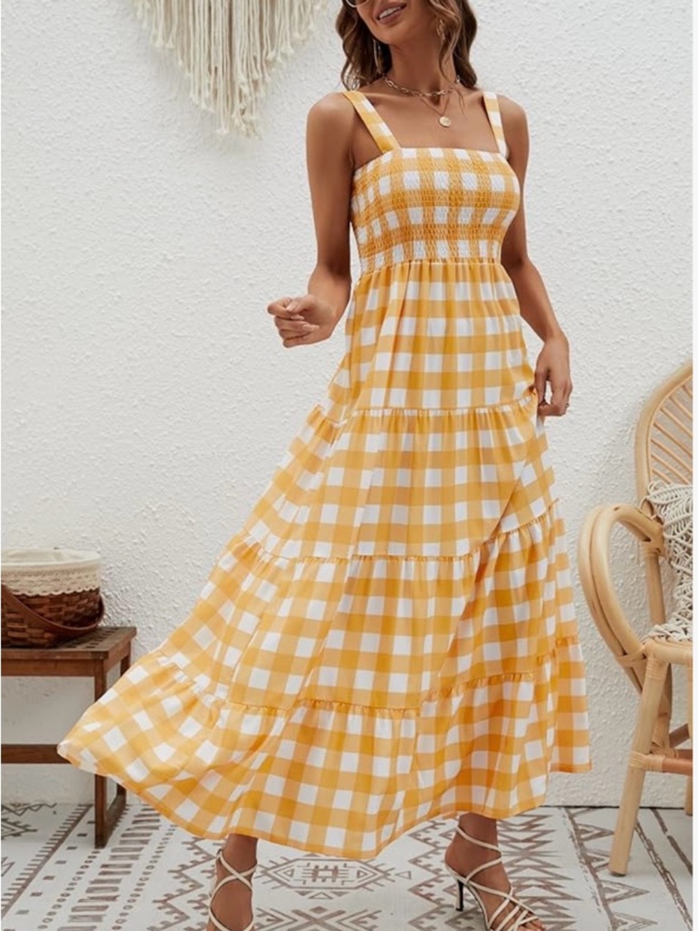 Yellow Gingham Smocked Maxi Dress - Women